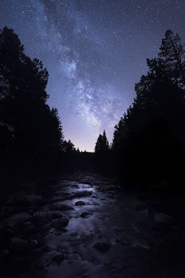 Voie lacteé et riviere entouree de sapins la nuit. Vallée de la Têt, petit Canada.