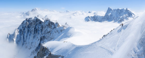 Arête de l'Aiguille du Midi et Vallée Blanche en hiver.