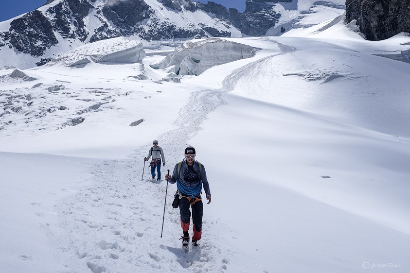 Cordée d'alpinistes sur le glacier du Tabuchet. Parc National des Ecrins.