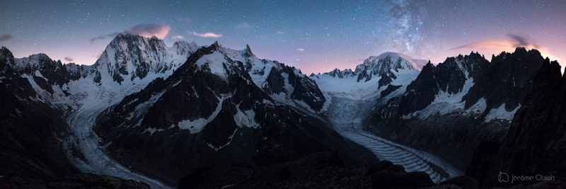 Voie lactée en montagne la nuit au dessus de la vallee Blanche et du Mont Blanc