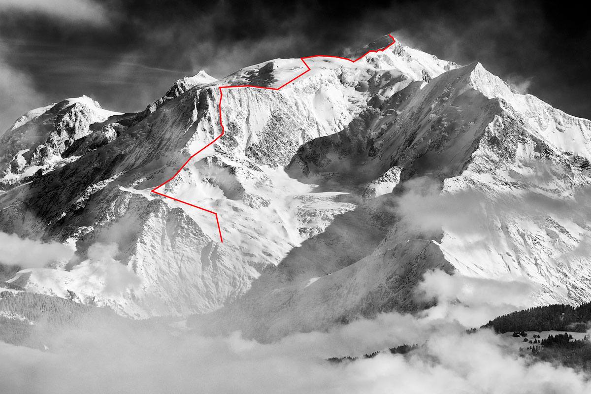 Tracé de l'itinéraire de l'arête des Bosses. Voie normale du mont Blanc depuis Saint-Gervais.